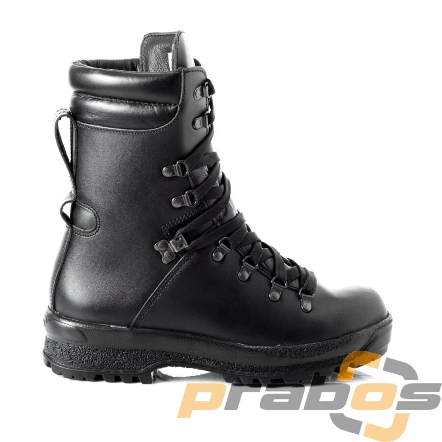 Na obrazku widać parę brytyjskie buty wojskowe, górskie, które są przeznaczone do użytku w trudnych warunkach terenowych. Buty są koloru czarnego i mają wysoką cholewkę z otworami wentylacyjnymi. Buty są wykonane ze skóry licowej z wykończeniem hydrofobowym i posiadają membranę Gore-Tex S00625 PROFI TREK PLUS